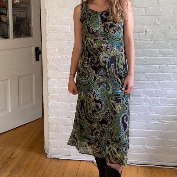 Vintage True 90s Brown and Green Paisley Maxi Dress - Picture 1 of 4